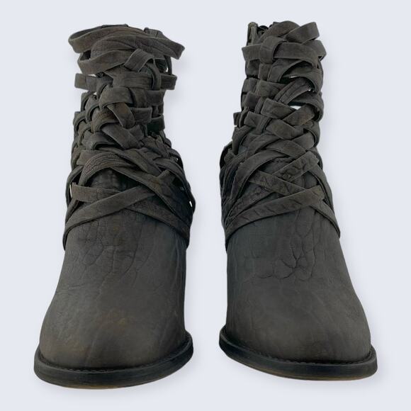 Free People Carrera Gray Leather Woven Crisscross Strappy Block Heel Boot 39 8.5 - Picture 2 of 12